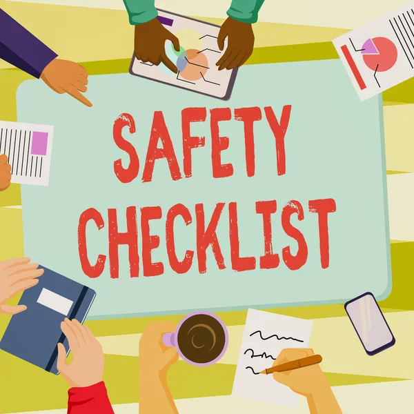 Writing displaying text Safety Checklist. Word for list of items you need to verify, check or inspect Colleagues Office Meeting Having Coffee Discussing Future Projects Charts.