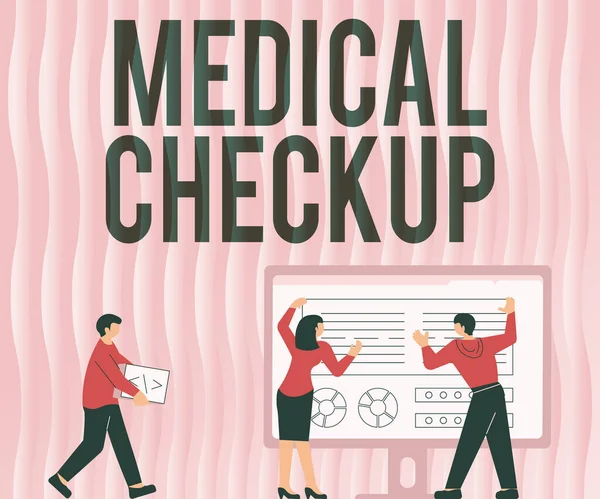 Inspiratie met uithangbord Medical Check Up. Woord voor grondig lichamelijk onderzoek om de gezondheidstoestand te testen Collega 's die een staande tabel tekenen Grafiek — Stockfoto