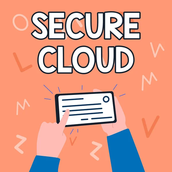 Κείμενο γραφής Secure Cloud. Word for Protect the stored information safe Controlled technology Εικονογράφηση του χεριού κρατώντας σημαντική ταυτότητα δείχνοντας το. — Φωτογραφία Αρχείου