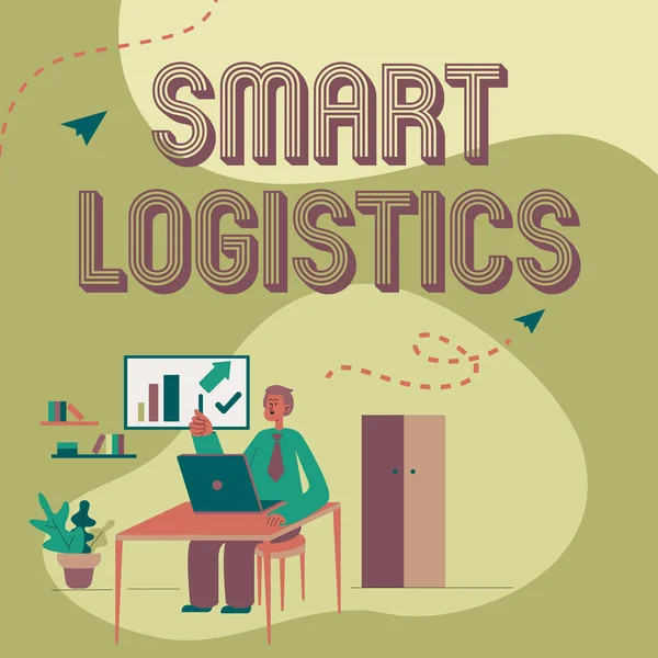 Texto mostrando inspiração Smart Logistics. Palavra para integração de tecnologia inteligente no sistema logístico Man Sitting On Desk Trabalhando e apresentando novas tecnologias. — Fotografia de Stock