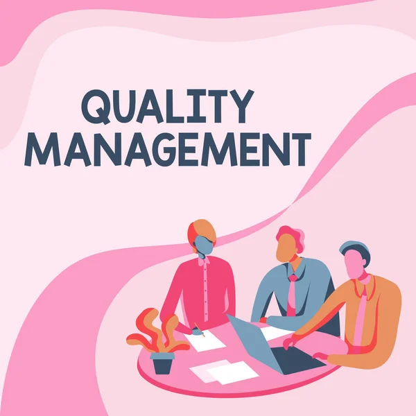 Handschrifttekst Quality Management. Woord voor handhaven Excellence Level High Standard Product Services Collega 's Tekenen op een bureau met laptop hebben discussie. — Stockfoto