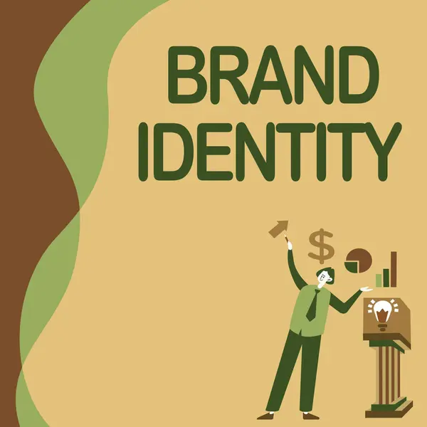 Χειρόγραφο σημάδι Brand Identity. Word Γράφτηκε σε ορατά στοιχεία μιας μάρκας που εντοπίζουν και διακρίνουν Mandstanding Alone Παρουσιάζοντας διαγράμματα και νέες οικονομικές ιδέες με βάθρο. — Φωτογραφία Αρχείου