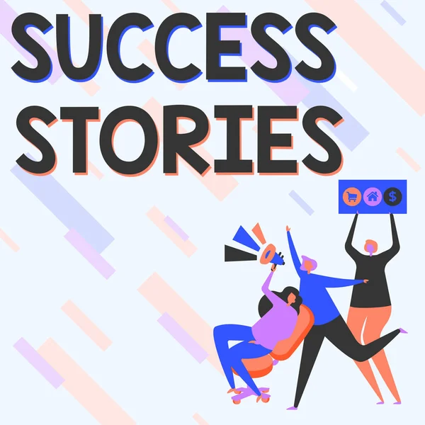 Text sign showing Success Stories. Business overview life of rule models from how he started to his death Woman Drawing Sitting Holding Megaphone Making Announcement. — Stock Photo, Image