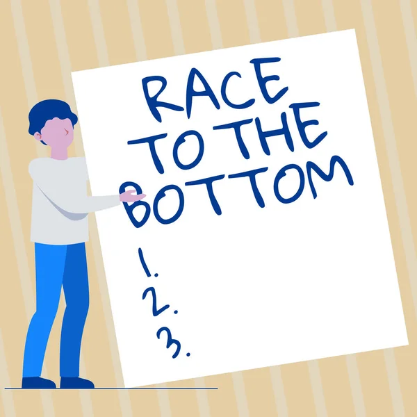 Tekstredactie Race To The Bottom. Zakelijke aanpak concurrentie van bedrijven Offer kwaliteiten normen Man Standing Drawing Holding Presenteren Enorme Blanco Papier. — Stockfoto