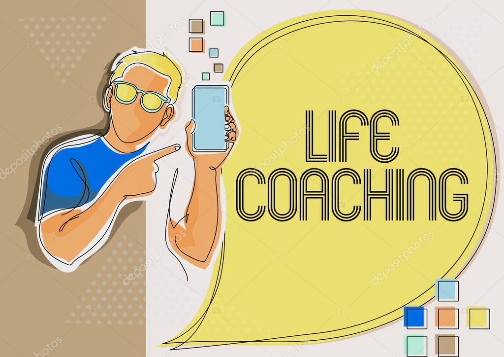 Writing displaying text Life Coaching. Business concept Improve Lives by Challenges Encourages us in our Careers Line Drawing For Guy Holding Phone Presenting New Ideas With Speech Bubble.