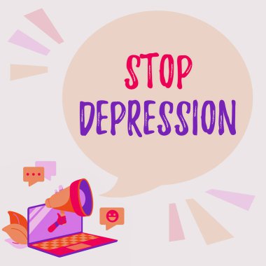 Depresyonu Durdur işareti. İş genel değerlendirmesi, Megafon Üzerindeki Sohbet Bulutunda Paylaşılan Yorumlar ve Tepkiler dizüstü bilgisayarın umutsuzluk ve keder duygularını sona erdirir..