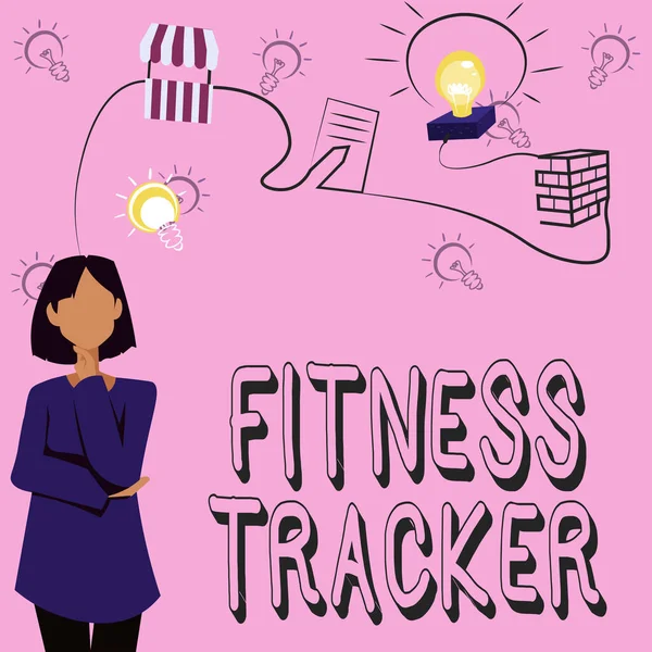 Текст демонструє натхнення Fitness Tracker. Концепція означає пристрій, який записує щоденну фізичну діяльність Жінка Інновативне мислення Провідні ідеї до Стабільного майбутнього. — стокове фото