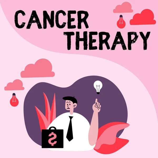 手書きテキストがん治療.ビジネスアプローチ手術を受けた患者のがん治療化学療法男が公園に座って風船を吹いてアイデアランプで新しい考えを考える. — ストック写真