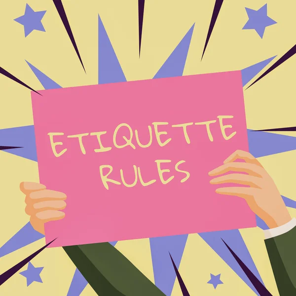 괄호안은 에티켓 규칙 (Etiquette Rules) 이 다. 사회 집단내에서 용인되는 행동을 통제하는 사업 개념 손들 기새로운 사상을 보여 주는 종이를 들고 별들로 둘러싸여 있다. — 스톡 사진
