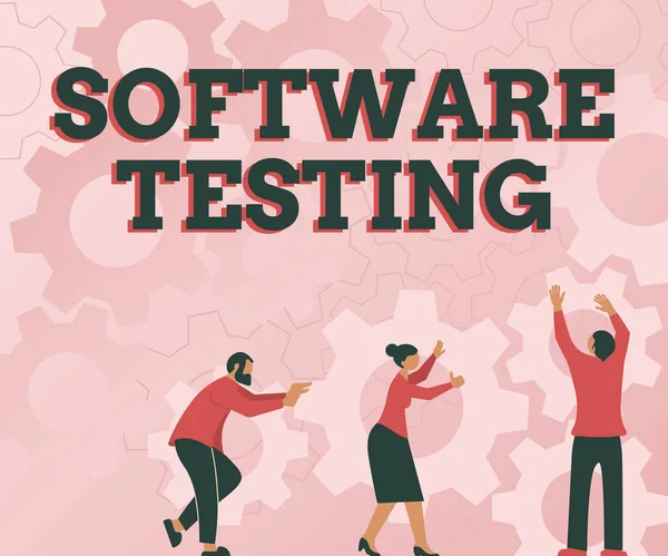 Konzeptionelle Bildunterschrift Software Testing. Konzept bedeutet Untersuchung geben Aufschluss über die Qualität der Arbeit Kollegen tragen Zahnräder Arrangieren neuer Arbeitsabläufe Erzielen von Teamarbeit. — Stockfoto