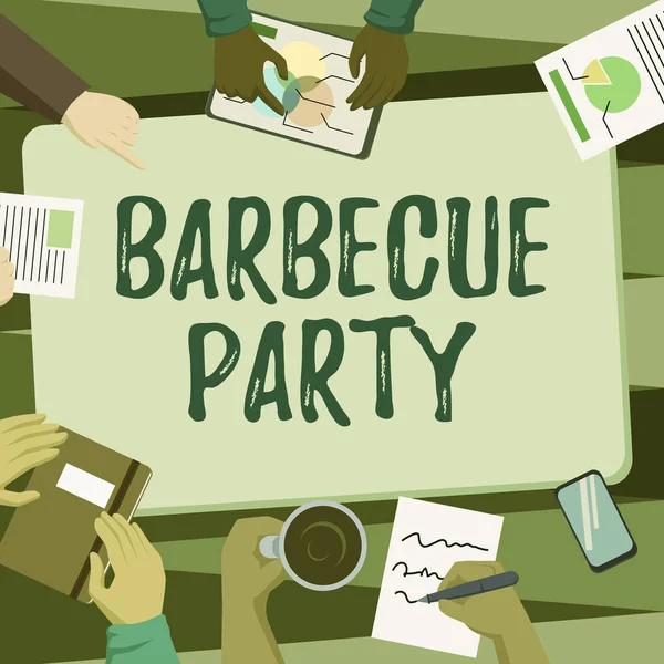 Handschrift Zeichen Barbecue Party. Das Wort für eine Party im Freien, bei der Essen auf dem Grill oder über dem Feuer gekocht wird.. — Stockfoto