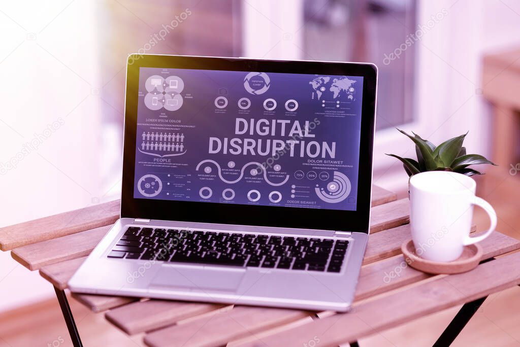 Text caption presenting Digital Disruption. Concept meaning occur when technologies affect value proposition of goods Laptop Resting On A Table Beside Coffee Mug And Plant Showing Work Process.