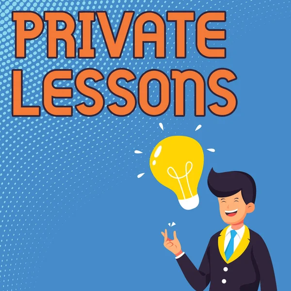 Handwriting text Private Lessons. Business approach teaching which is usually paid privately by small groups Gentleman Drawing Standing Having New Idea Presented With Light Bulb.