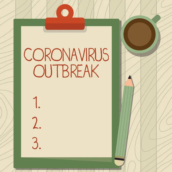 Inspiráló üzenet a Coronavirus járványról. Fogalom jelentése fertőző betegség okozta újonnan felfedezett COVID19 illusztrációja ceruza tetején asztal mellett a vágólap és a kávéscsésze. — Stock Fotó