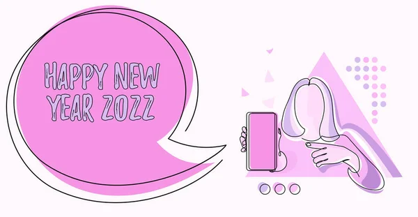 Tanda tulisan tangan Selamat Tahun Baru 2022 Ringkasan bisnis perayaan awal tahun kalender 2022 Gambar Garis Untuk Wanita Memegang Telepon Mempersembahkan Ide-ide Baru Dengan Gelembung Ucapan. — Stok Foto