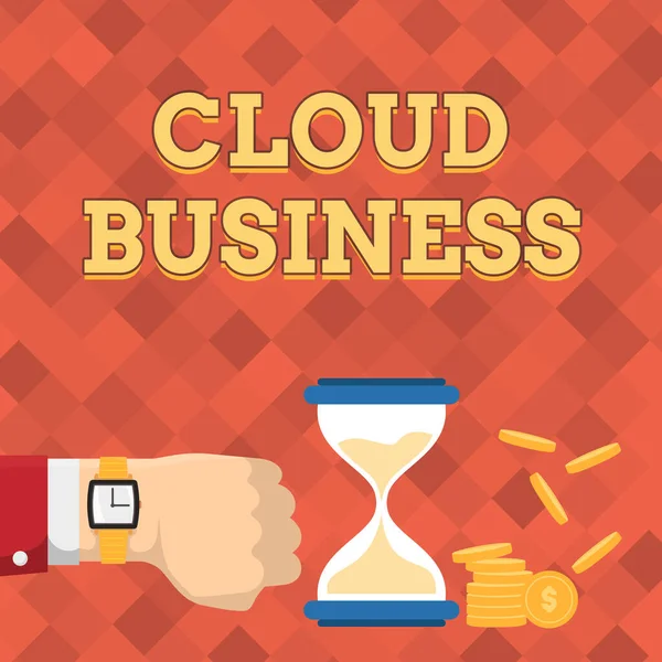 Wyświetlacz koncepcyjny Cloud Business. Word Wpisany na komputerze, który opiera się na współdzielonych zasobów obliczeniowych Biznesmen Korzystanie z zegarka naręcznego Wyświetlanie klepsydry Wskazujące Cenne środki. — Zdjęcie stockowe