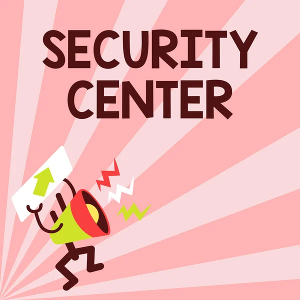 Metin başlığı Güvenlik Merkezi 'ni temsil ediyor. Önemli Mesaj Detaylı Raporu Gösteren Megaphone şirketinin güvenlik sorunlarıyla ilgilenen merkezi bir birim fikri — Stok fotoğraf
