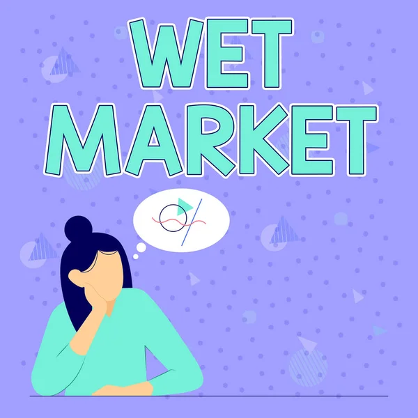 Visualizzazione concettuale Wet Market. Business idea bagnato mercato illustrazione di signora pensiero profondamente solo per nuove idee tattiche sorprendenti. — Foto Stock