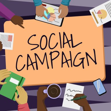 Sosyal Kampanyayı gösteren bir mesaj. Sosyal medya platformunun marka farkındalığını artırmak için kullanıldığı söyleniyor. Meslektaşlar Ofisi Toplantısı, Geleceğin Projelerini Tartışan Kahve....