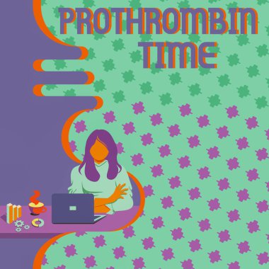Prothrombin Zamanı ilhamını gösteren metin. İnternet Konsepti, Dizüstü bilgisayarla Oturan Kadın 'ın en son projeleri tartışarak uygun bir şekilde kan pıhtılaşması oluşturma yeteneğinizi değerlendirir.