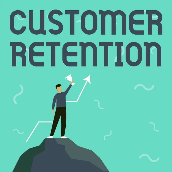Conceptual display Customer Retention. Business overview Keeping loyal customers Retain many as possible Businessman Drawing Standing On Big Rock Proudly Holding Trophy.