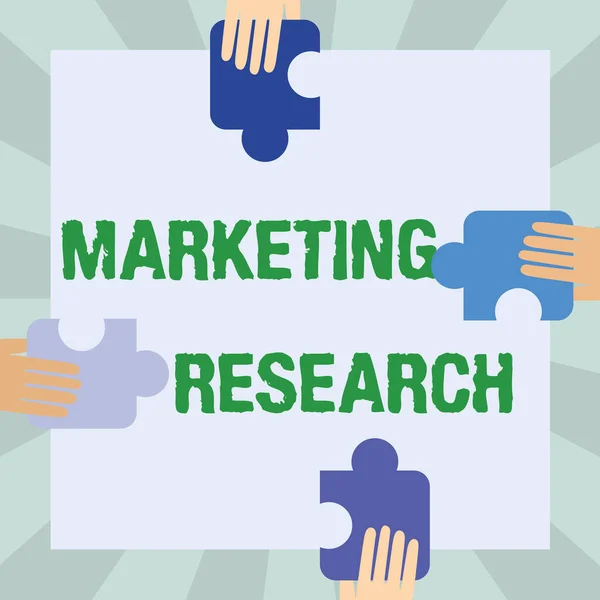 Χέρι εγγράφως σημάδι Marketing Research. Επιχειρηματική διαδικασία βιτρίνα του καθορισμού της βιωσιμότητας μιας νέας υπηρεσίας Εικονογράφηση των χεριών που κατέχουν κομμάτια παζλ κάθε πλευρά του πλαισίου. — Φωτογραφία Αρχείου