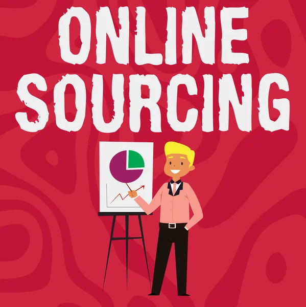 Scrittura a mano testo Sourcing online. Business approccio acquisto di beni e servizi sono corsi via Internet Businessman Indossando Casual Standing Presentare grafici e idee. — Foto Stock