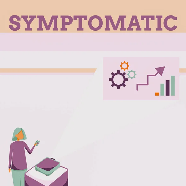 Belirtileri gösteren metin başlığı. Semptom olarak sunulan kavramsal fotoğraf veya işaret özellikle istenmeyen bir şeyin Bayan Ayakta Tutma Projektörü Uzaktan Kontrolü Grafik Büyümesi Sunar. — Stok fotoğraf