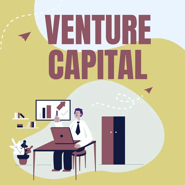 テキスト表示｜Venture Capital。ベンチャーキャピタルマンがデスクワークに座り、新技術を発表するという概念. — ストック写真