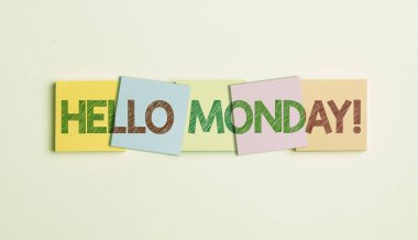 Kavramsal manşet Merhaba Pazartesi. İş Genel Görünümü Yeni Bir Gün İçin Olumlu Mesajı Kutlama Gösterişli Okul Malzemeleri, Parlak Öğretim Koleksiyonları