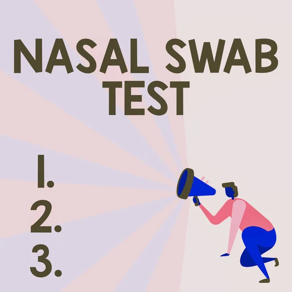 Fogamzóképes kijelző Nasal tampon teszt. Üzleti ötlet diagnosztizálása felső légúti fertőzés orrváladékon keresztül Illusztráció egy személy térdelés segítségével Megafon, hogy az új közlemény. — Stock Fotó