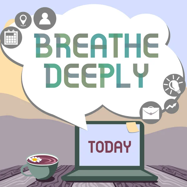 Wyświetlacz koncepcyjny Głęboko oddychaj. Pomysł na biznes, aby wziąć duży wdech powietrza do płuc, aby zatrzymać ręczne wpisywanie na laptopie obok kubka kawy i roślin pracujących w domu. — Zdjęcie stockowe