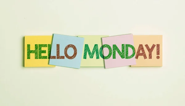 Концептуальная подпись Hello Monday. Обзор бизнеса Приветствие Позитивное послание для нового дня Неделя Начиная бросающийся в глаза школьных принадлежностей, Яркие учебные сборы — стоковое фото