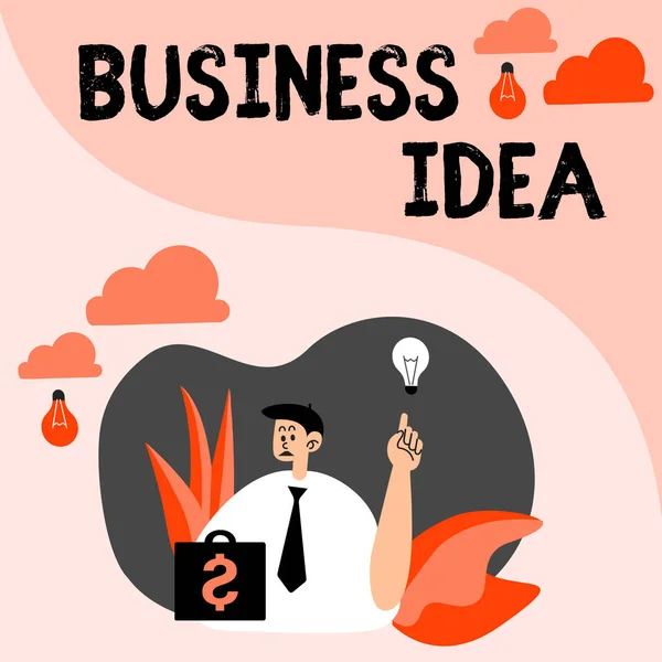 Znak firmowy "Pomysł na biznes". Koncepcja oznacza koncepcję, która może być używana do celów komercyjnych Człowiek siedzi w parku balony dmuchanie myślenia o nowych przemyśleń z Pomysł Lampa. — Zdjęcie stockowe