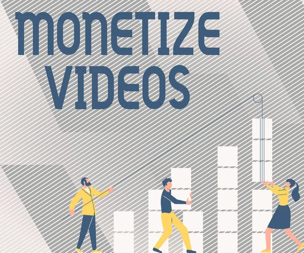 Podepsat zobrazení Monetize videa. Obchodní koncepce procesu vydělávání peněz z nahraných YouTube videí Ilustrace partnerů budování nových skvělých nápadů pro dovednosti Zlepšení. — Stock fotografie