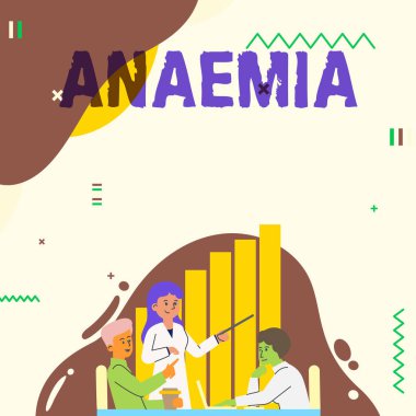 Anemi olduğunu gösteren bir tabela. İş fikri. Kanındaki hemoglobin eksikliği, Takım Arkadaşı 'na Açıklama yapan Kadın Çizim' in Ekip Süreç Adımları 'ndaki bir koşul..