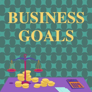 İşletme Hedeflerini gösteren metin işareti. Mali İpotek Hesaplama Makinesi tarafından çevrelenmiş belirli bir zaman diliminde gerçekleşmesi beklenen iş genel değerlendirmesi.