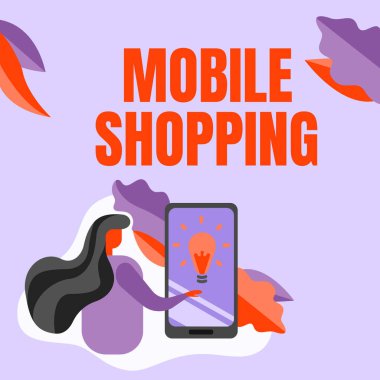 El yazısı cep telefonu alışverişi. Mobil Kadın Baskı Ekranı aracılığıyla Geleceğin Teknolojisini gösteren mal ve hizmetlerin alınıp satılması.