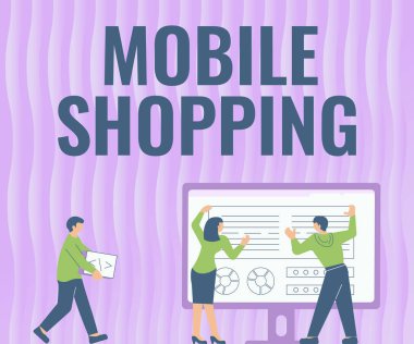 Mobil Alışveriş tabelasını gösteren bir ilham. Mobil Meslektaşlar Çizim Tablosu Yanı Çizimi Grafiği ile mal ve hizmetlerin satın alınıp satılması üzerine yazılan sözcük