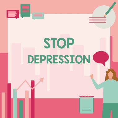 Metin Gösterimi Yazılıyor: Depresyonu Durdur Kavram derken, ümitsizlik ve üzüntü duygularına son vermek demek istiyorum. İş kadını, sıradan Ayakta Duran Çizelgeler ve Yeni Harika Fikirler.