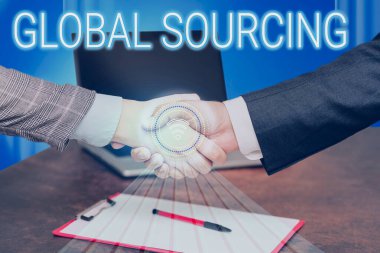 Küresel Kaynağı sunan metin başlığı. Küresel mal piyasasından kaynakların el sıkışarak imzalama sözleşmesinin yeni gelecekçi teknolojilerin kilidini açması üzerine yazılmış bir söz.