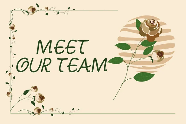 私たちのチームに会いましょう。ビジネスショーケースソートされた花のハートと葉で囲まれたテキストフレームを示すグループとのチームワークのプレゼンテーション. — ストック写真