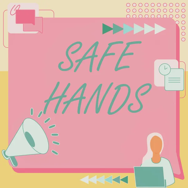 Fogalmi felirat Biztonságos kezek. Üzleti ötlet Biztosítása a sterilitás és tisztaság a kezét fertőtlenítés Női rajz Ülő munka mellett Megafon, hogy új közlemény — Stock Fotó