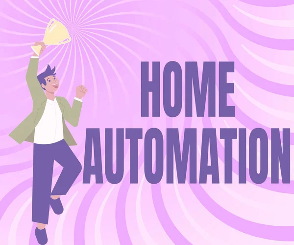 Κείμενο που δείχνει έμπνευση Αυτοματισμού. Internet Concept home solution that allows automating the bulk of electronic Gentleman Jumping Excitedly Holding Trophy Προβολή επιτευγμάτων. — Φωτογραφία Αρχείου