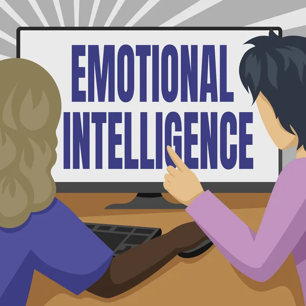 Üzenet, ami érzelmi intelligenciát mutat. Üzleti áttekintés Ön- és társadalmi tudatosság Kezelje jól a kapcsolatokat Pár Rajz Asztali Számítógép használata Munkájuk befejezése. — Stock Fotó