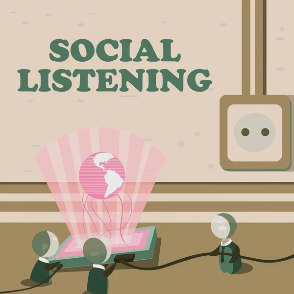 Kézírás szöveg Social Listening. Üzleti megközelítés, amely elemzi az Ön termékének beszélgetéseit és trendjeit Globális ötletek Egyesülés Új technológiai eredmények kialakítása. — Stock Fotó
