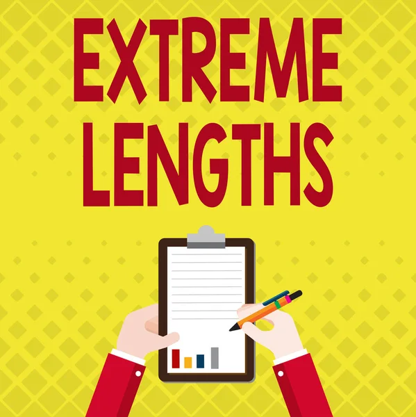 Text caption presenting Extreme Lengths. Business idea Make a great or extreme effort to do something better Business Associate Holding Clipboard Documenting Reports With Pen. — Stock Photo, Image