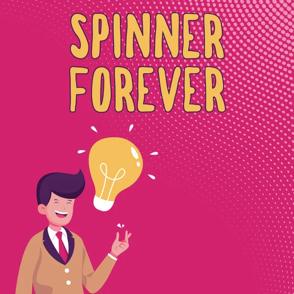 Inspiration showing sign Spinner Forever. Word Written on stress reliever for showing who tend to fidget Flat top Gentleman Drawing Standing Having New Idea Presented With Light Bulb. — Stock Photo, Image