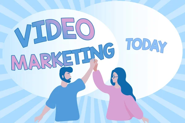 Text caption presenting Video Marketing. Word for Video Marketing Happy Colleagues Illustration Giving High Fives To Each Other.