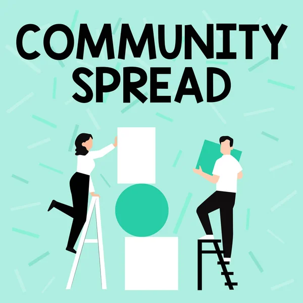 Texto presentando Community Spread. Concepto que significa diseminación de una enfermedad altamente contagiosa dentro del área local Dibujo de la pareja utilizando la escalera Colocación de grandes marcos de imágenes vacías en una pared. —  Fotos de Stock